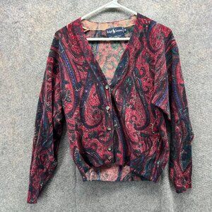 Ralph Lauren Cardigan Sweater Women Small Red Corduroy  Paisley Lambswool 90s